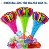 A collection of 111 self-sealing and quick-fill water balloons in various bright colors, arranged in bunches.
