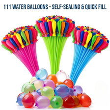 A collection of 111 self-sealing and quick-fill water balloons in various bright colors, arranged in bunches.
