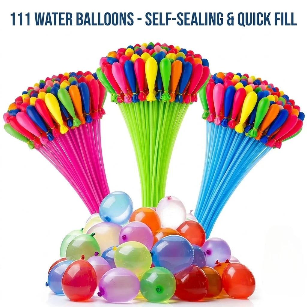 A collection of 111 self-sealing and quick-fill water balloons in various bright colors, arranged in bunches.