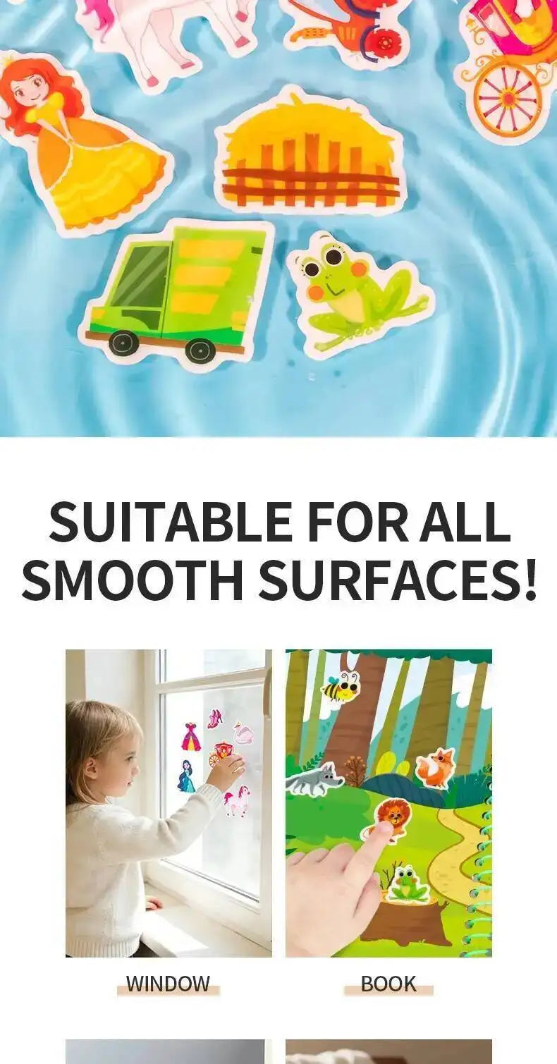Reusable sticker book for kids featuring various themed stickers suitable for smooth surfaces like windows and books