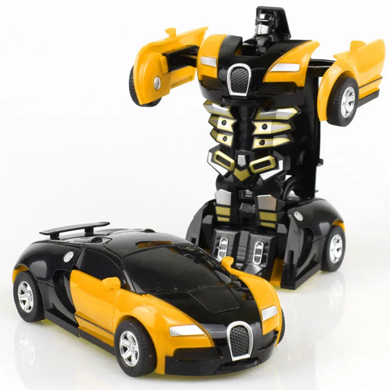 A black and yellow transforming car robot toy with a yellow car body and a black robot form.