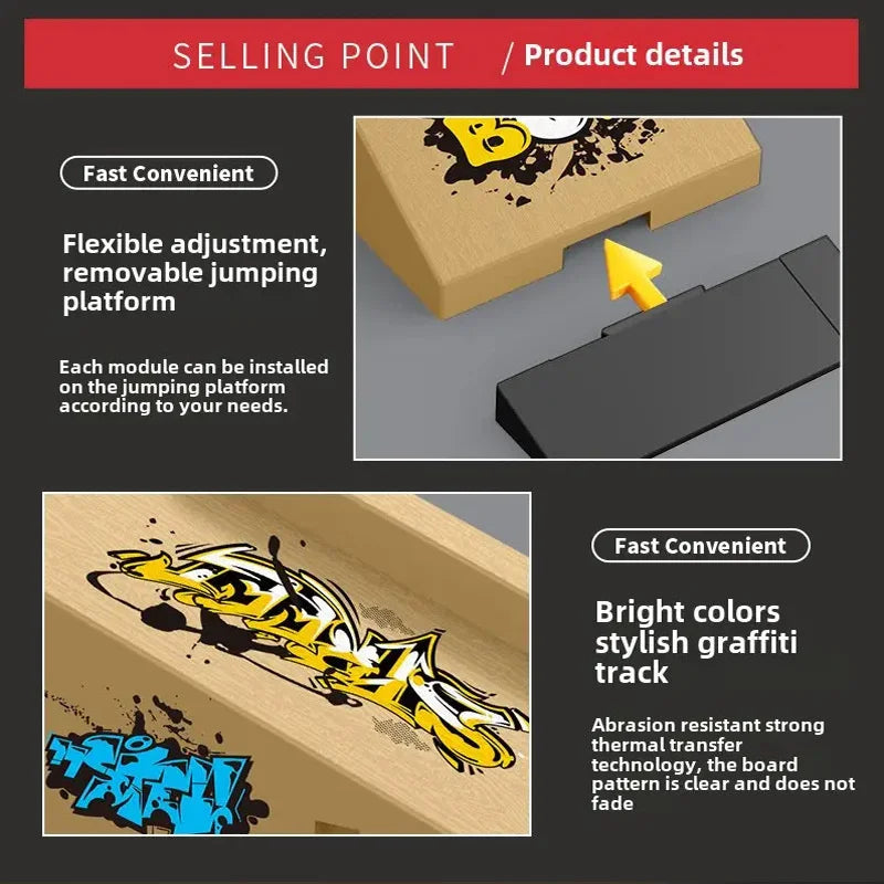 A set of bright yellow graffiti track pieces and a wooden platform for a finger skateboard park.