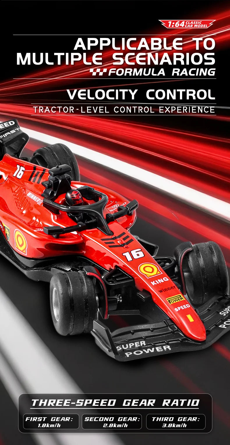 Red 1:64 Formula racing car model with visible gear ratios and power features