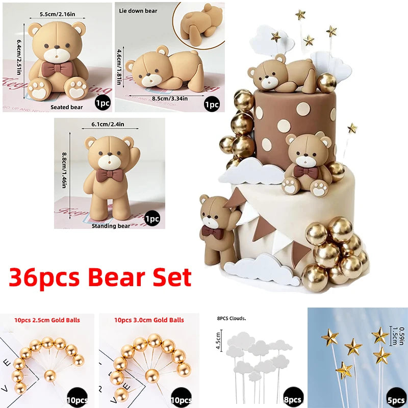 A set of 36 bear cake toppers including seated, standing, and decorative bears, gold balls, and clouds.