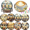 Eight diamond painting coasters featuring various floral and nature designs with metal holders