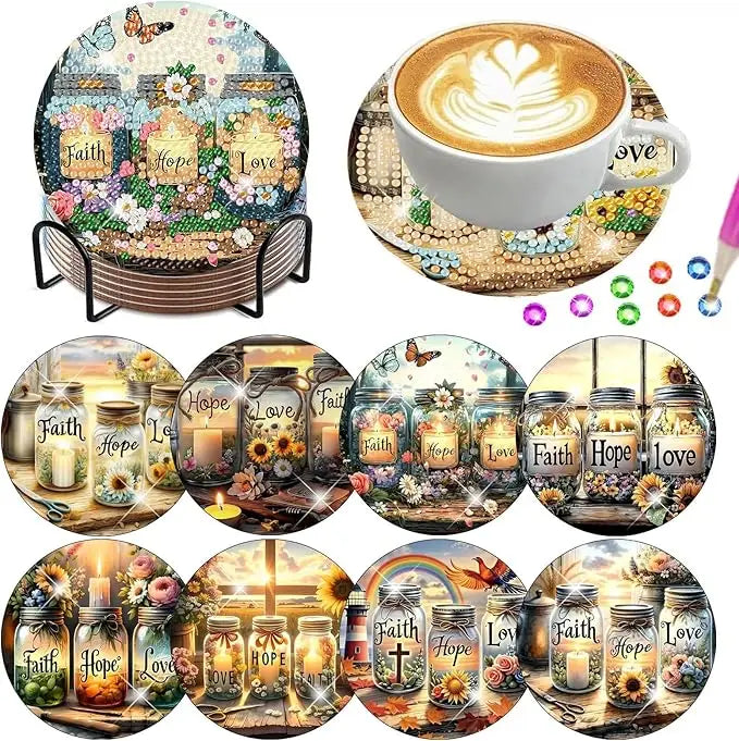 Eight diamond painting coasters featuring various floral and nature designs with metal holders