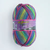 A ball of 100g Opal 4-ply sock yarn in a multicolored blend of pink, green, and yellow threads.