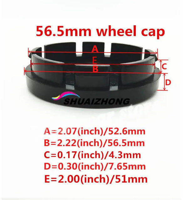 Black 56.5mm wheel cap with labeled dimensions A through E