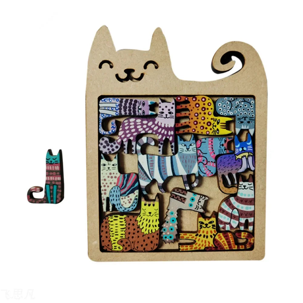 A wooden cat-shaped puzzle featuring various colorful cats and animals cut into the shape of a cat.
