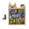 A wooden cat-shaped puzzle featuring various colorful cats and animals.