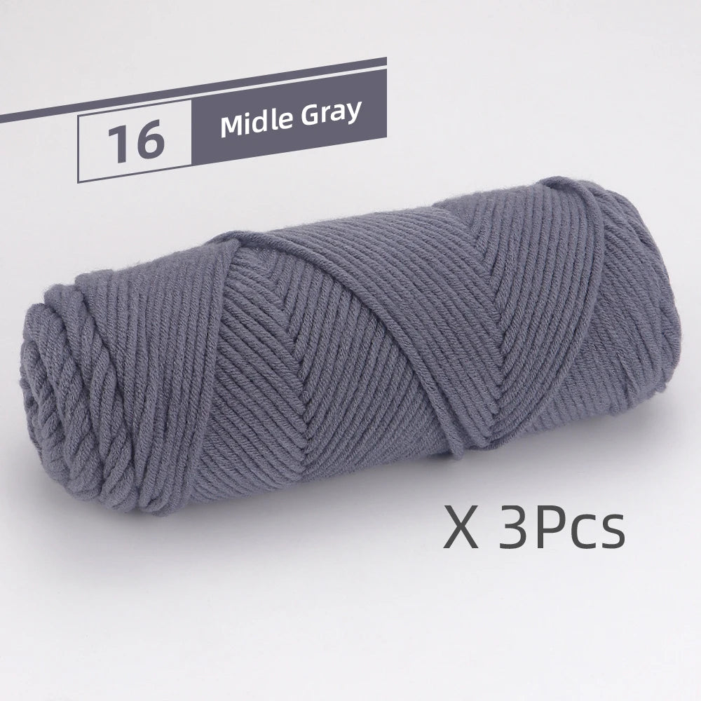 A skein of medium gray yarn is shown, labeled as size 16 Middle Gray, ready for knitting or crochet projects.