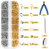 A collection of silver and gold jewelry making supplies including findings, tools, and components in a plastic case.