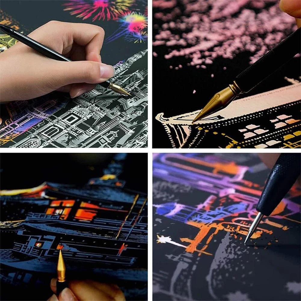 Close-up shots of scratch art being created on paper and leather using a black pen, depicting city night scenes.