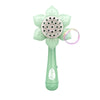 A light green sunflower-shaped electric bubble blower toy with a circular head and a clear bubble ring.