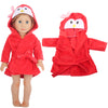 A red cartoon bird bathrobe and nightgown set for a doll