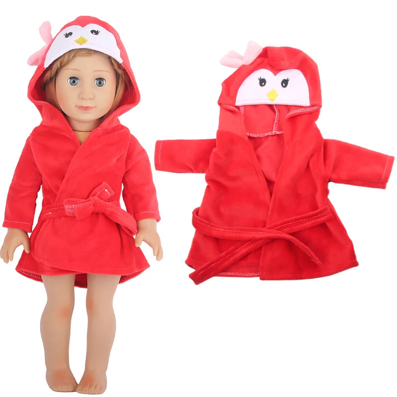 A red cartoon bird bathrobe and nightgown set for a doll