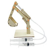 A wooden paddle boat kit featuring a wooden arm and clear tubing connected to syringes for a science experiment.