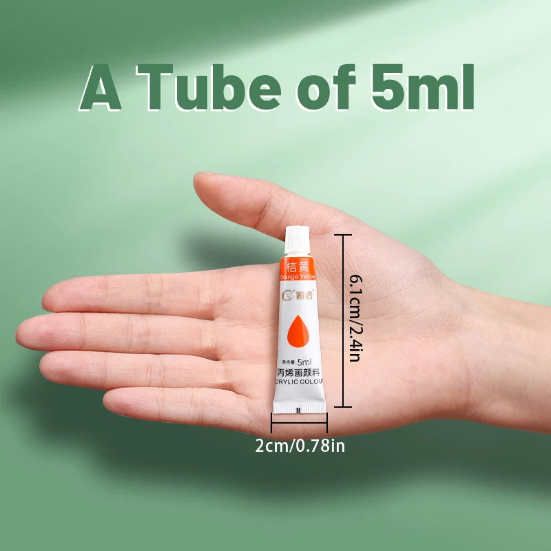 A hand holds a tube of 5ml acrylic color paint, demonstrating the product size.