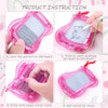 Instructions for using a pink magnetic drawing board keychain with a stylus to draw or paint on the board.