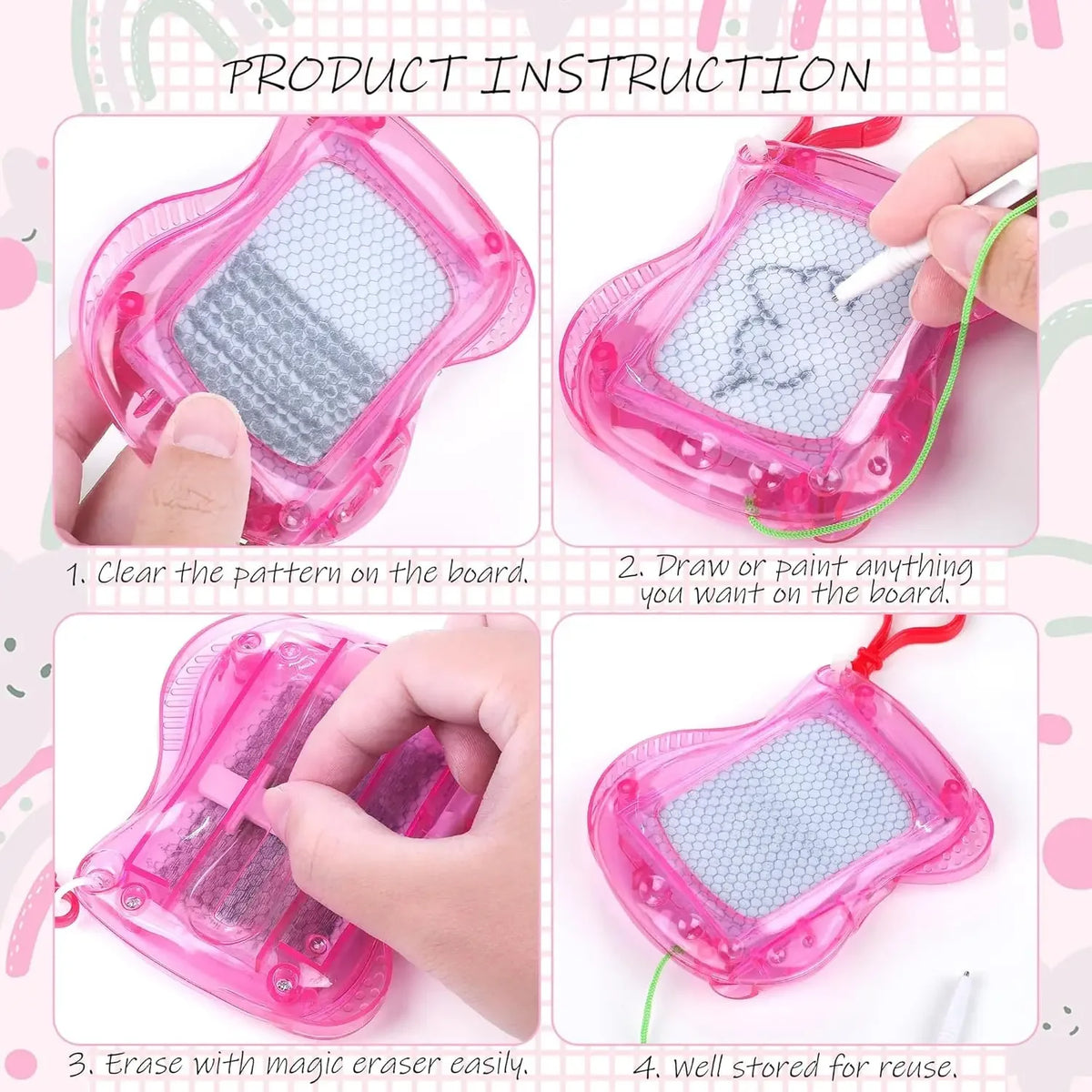 Instructions for using a pink magnetic drawing board keychain with a stylus to draw or paint on the board.