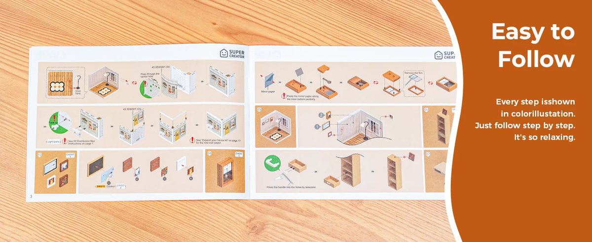A step-by-step illustration guide showing how to assemble a miniature house kit with various components and instructions.