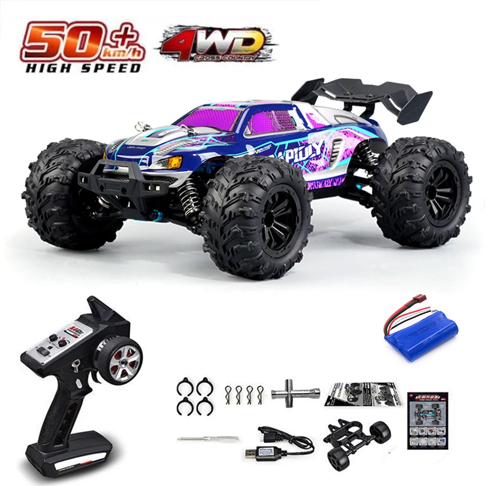 A brushless 4WD monster truck RC car with purple and blue body, black tires, and accessories.