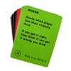 A green card from a drinking game titled Guess which player lost their virginity, with instructions to risk it or drink it.