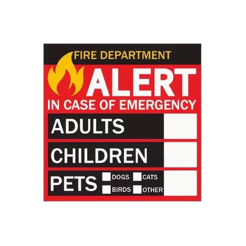 Fire Department alert sign with categories for adults, children, pets (dogs, cats, birds, other).
