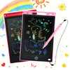 A pink 8.5-inch LCD writing tablet for kids with a stylus pen is shown next to a rainbow and a yellow sun.