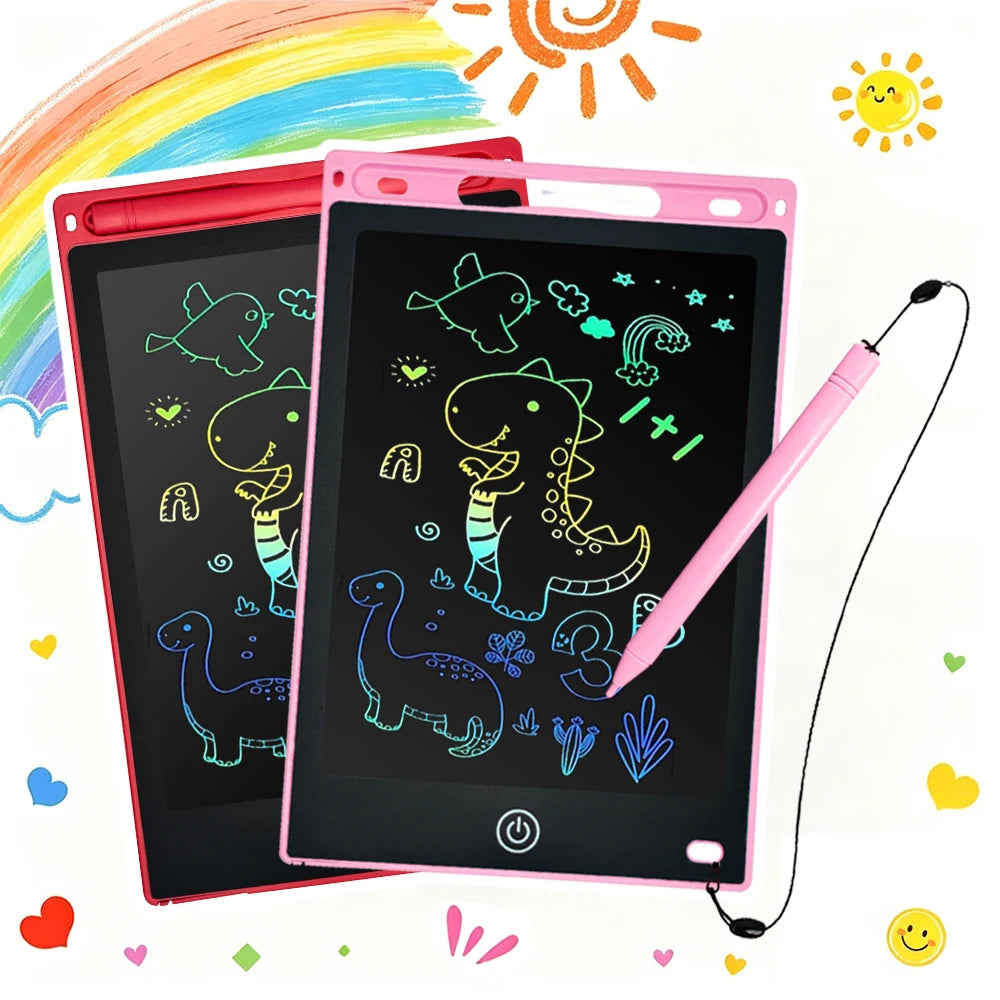 A pink 8.5-inch LCD writing tablet for kids with a stylus pen is shown next to a rainbow and a yellow sun.
