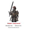 A detailed metal figurine of a Paladin holding a holy sword, made of purple, white, and bronze copper.