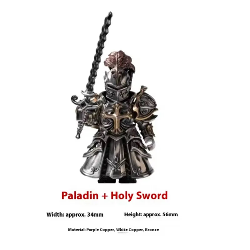 A detailed metal figurine of a Paladin holding a holy sword, made of purple, white, and bronze copper.