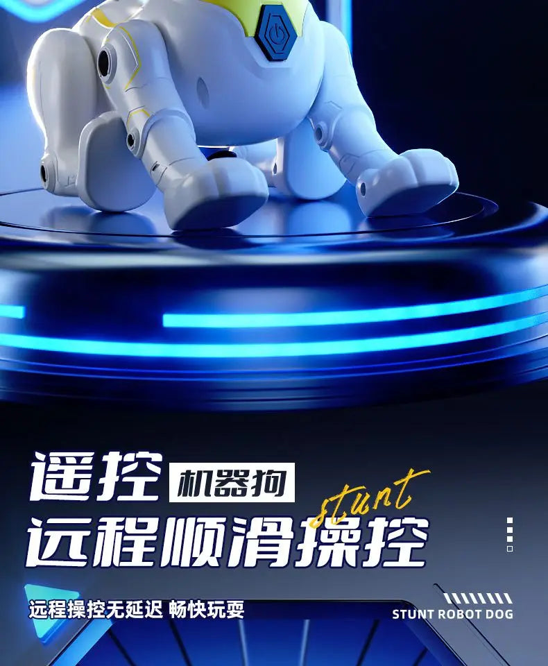 A white interactive smart robot dog is shown on a dark surface with blue light accents.