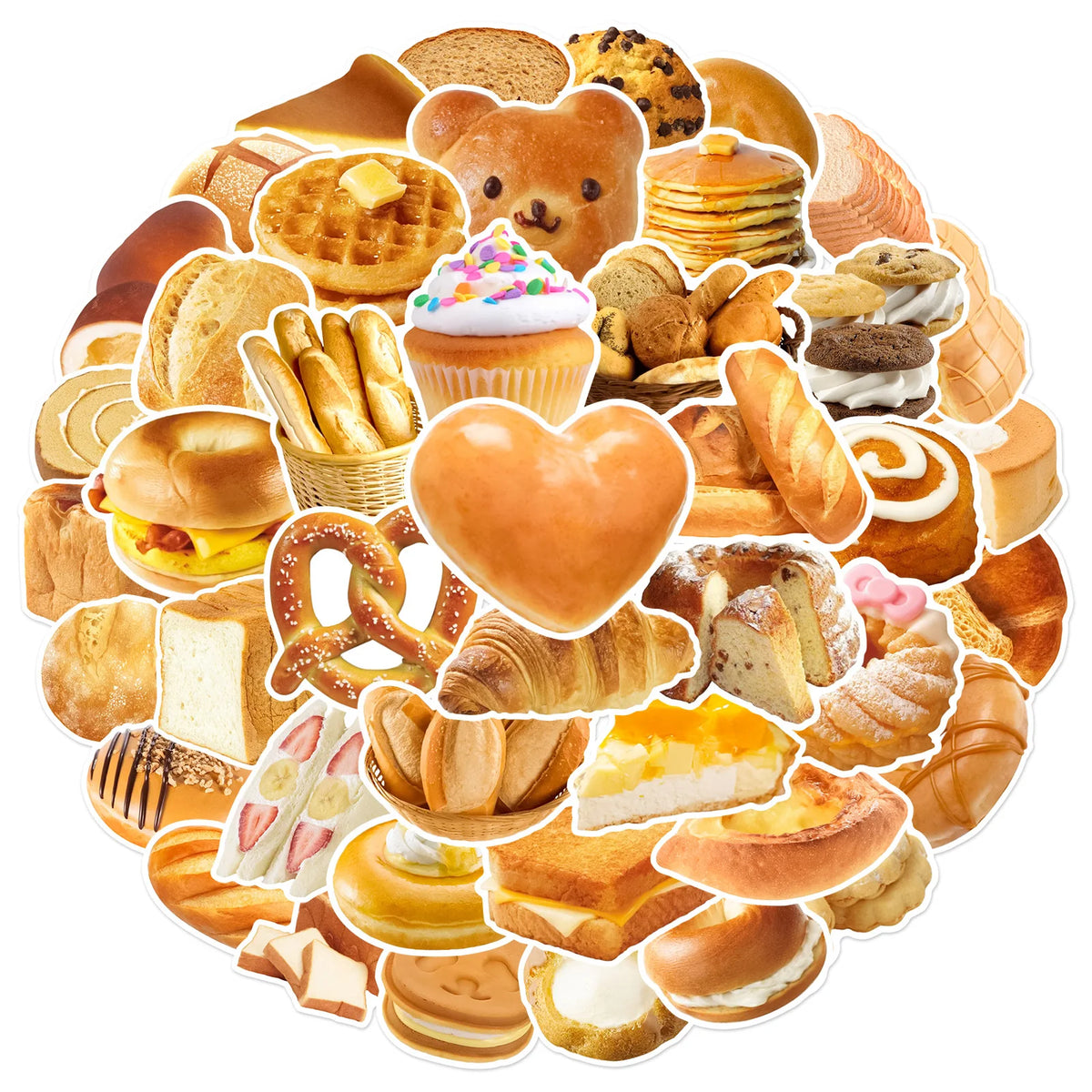 A circular arrangement of various baked goods and pastries, including bread, croissants, donuts, muffins, and sweet buns.