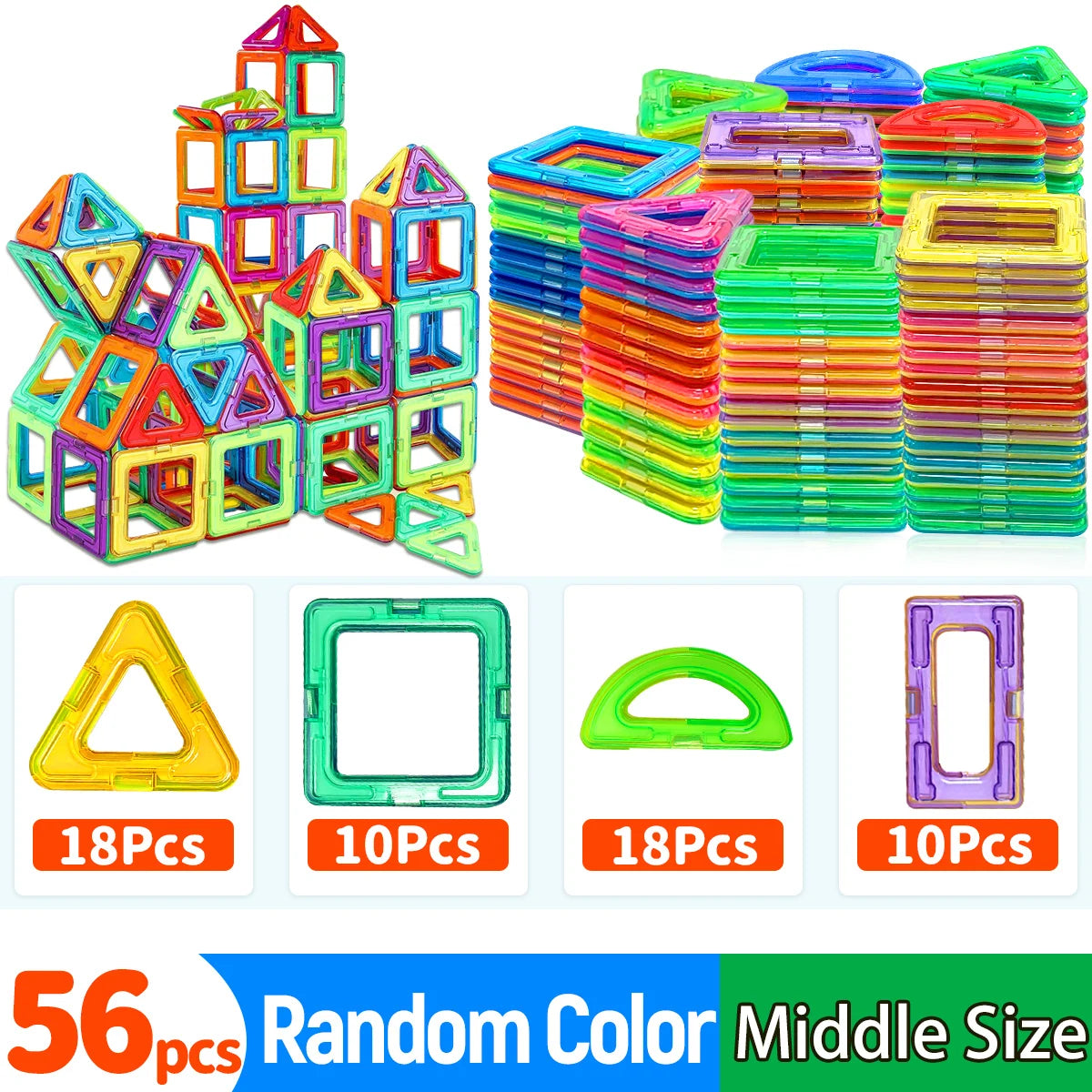 A collection of colorful magnetic building blocks and geometric shapes in various sizes and colors for STEM learning.
