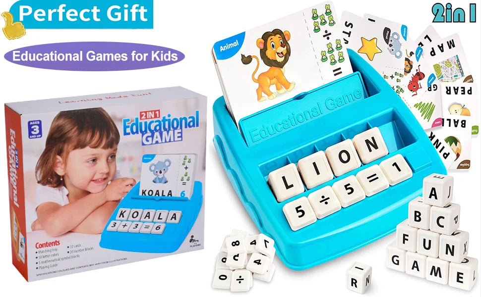 A box of a 2-in-1 educational game featuring lion and koala characters, wooden blocks, and matching cards for kids.