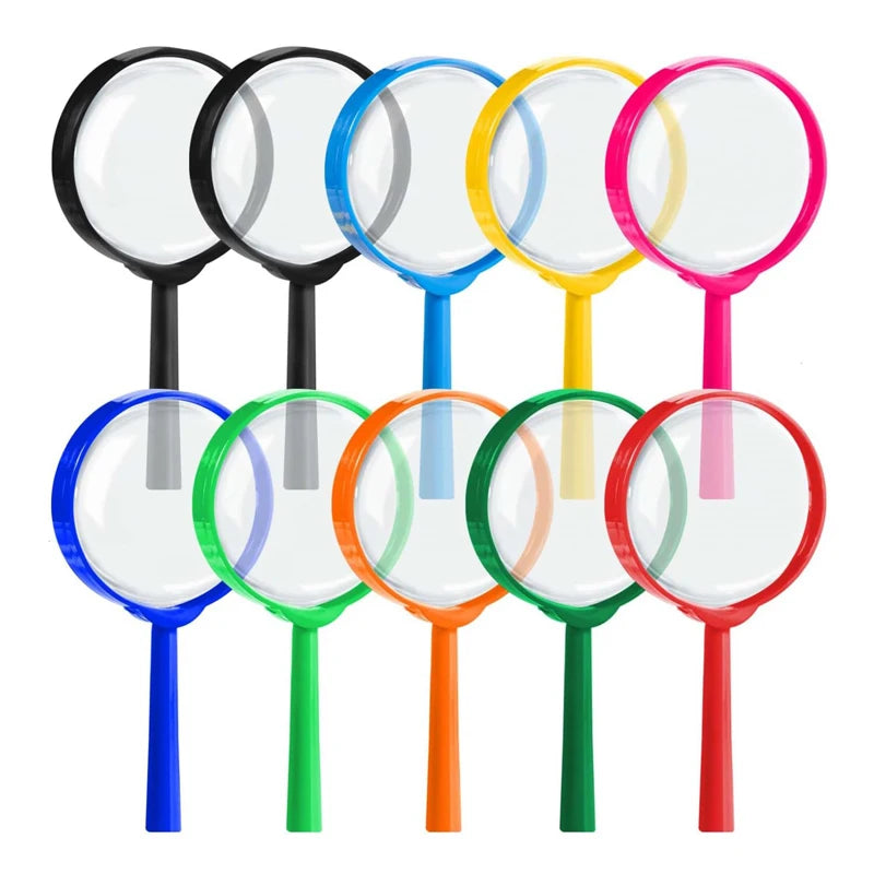 A set of ten colorful magnifying glasses for kids used in nature exploration and classroom activities.