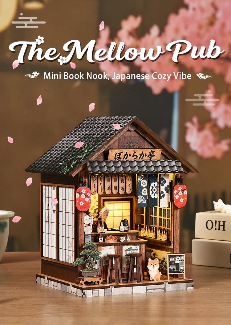 A detailed miniature Japanese izakaya dollhouse kit featuring wooden structures and decorative elements.