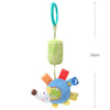 A plush hanging rattle toy with a blue loop and a green patterned fabric, featuring an animal face.