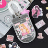 A decorative cut film sticker set featuring a pink cat-eared tag and various pastel themed stickers on a dark background.