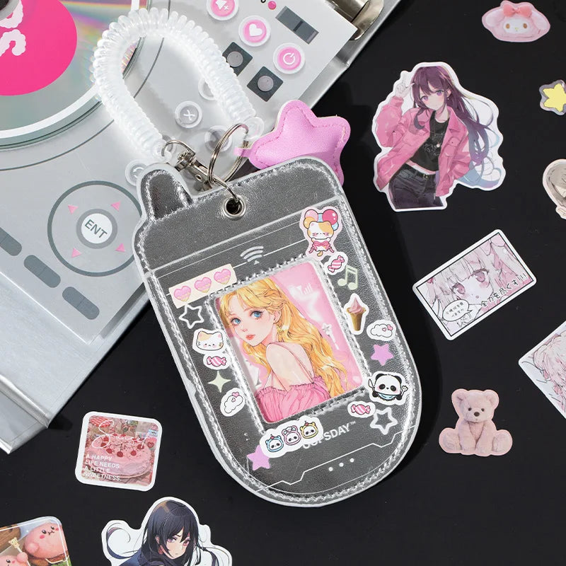 A decorative cut film sticker set featuring a pink cat-eared tag and various pastel themed stickers on a dark background.
