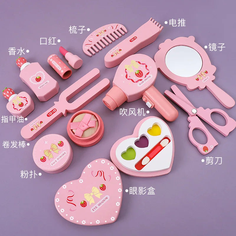 Wooden Pretend Play Makeup Set with Dressing Table & Makeup Bag