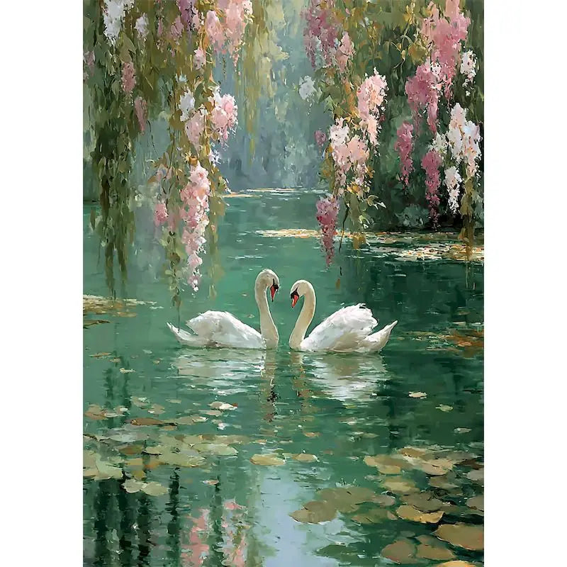 A painting depicting pink blossoms and green foliage along a body of water with two white swans swimming.