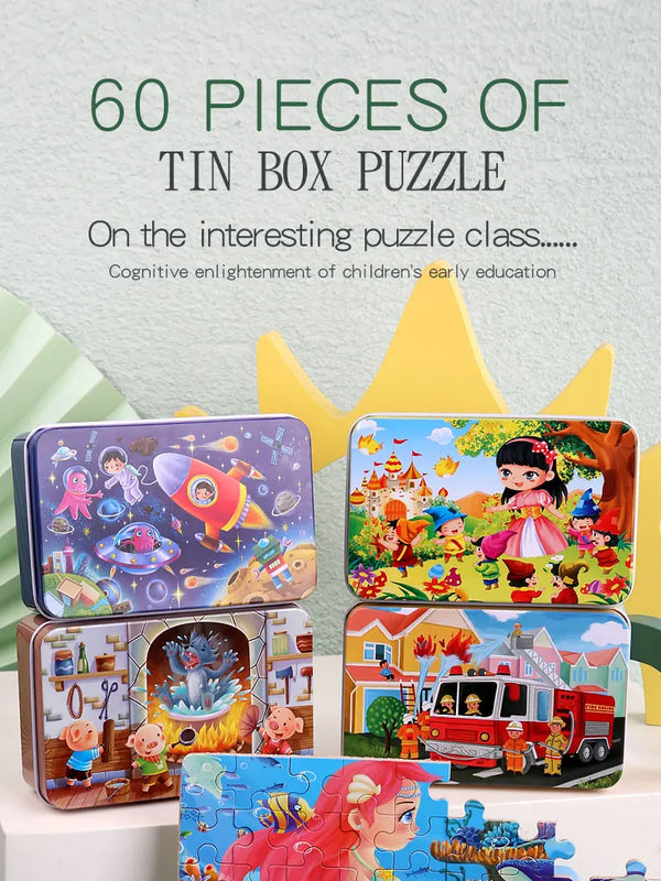 A collection of colorful jigsaw puzzles featuring animals and vehicles for children's early education.