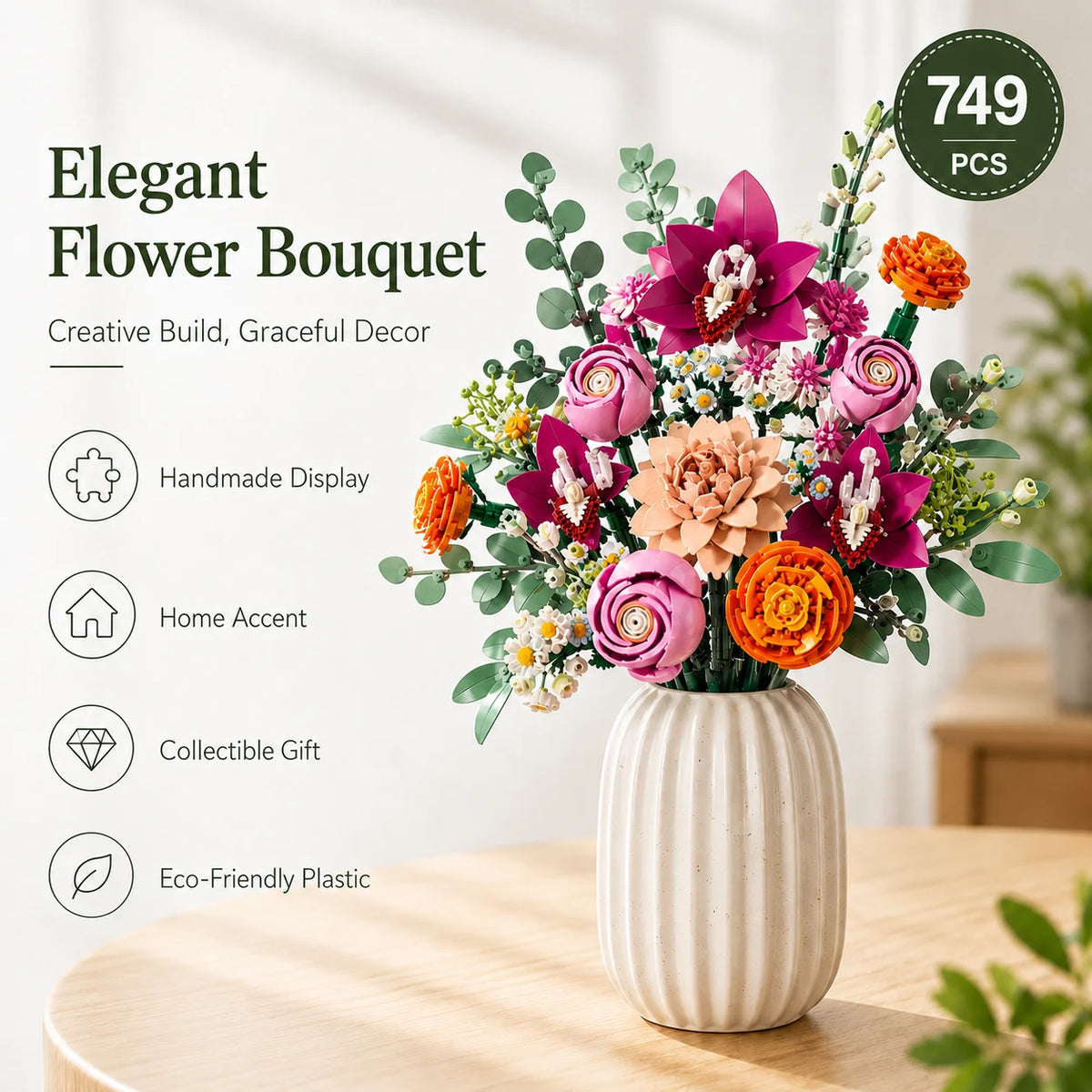 Elegant flower bouquet featuring pink, purple, and orange roses and greenery displayed in a white vase.