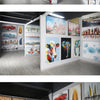 An interior view of a painting exhibition featuring various canvas wall art pieces.