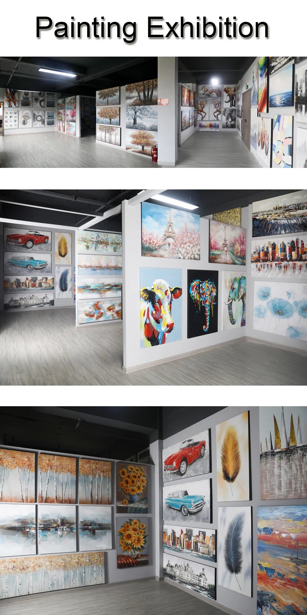 An interior view of a painting exhibition featuring various canvas wall art pieces.