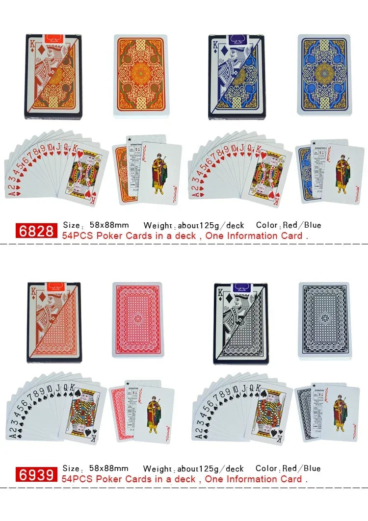 A set of waterproof plastic playing cards featuring various designs and an information card.