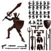A magnetic multi-jointed action figure building set featuring a dark brown armored figure and various accessories like weapon