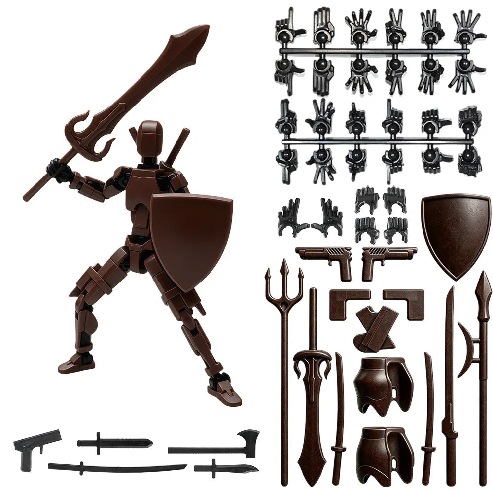 A magnetic multi-jointed action figure building set featuring a dark brown armored figure and various accessories like weapon